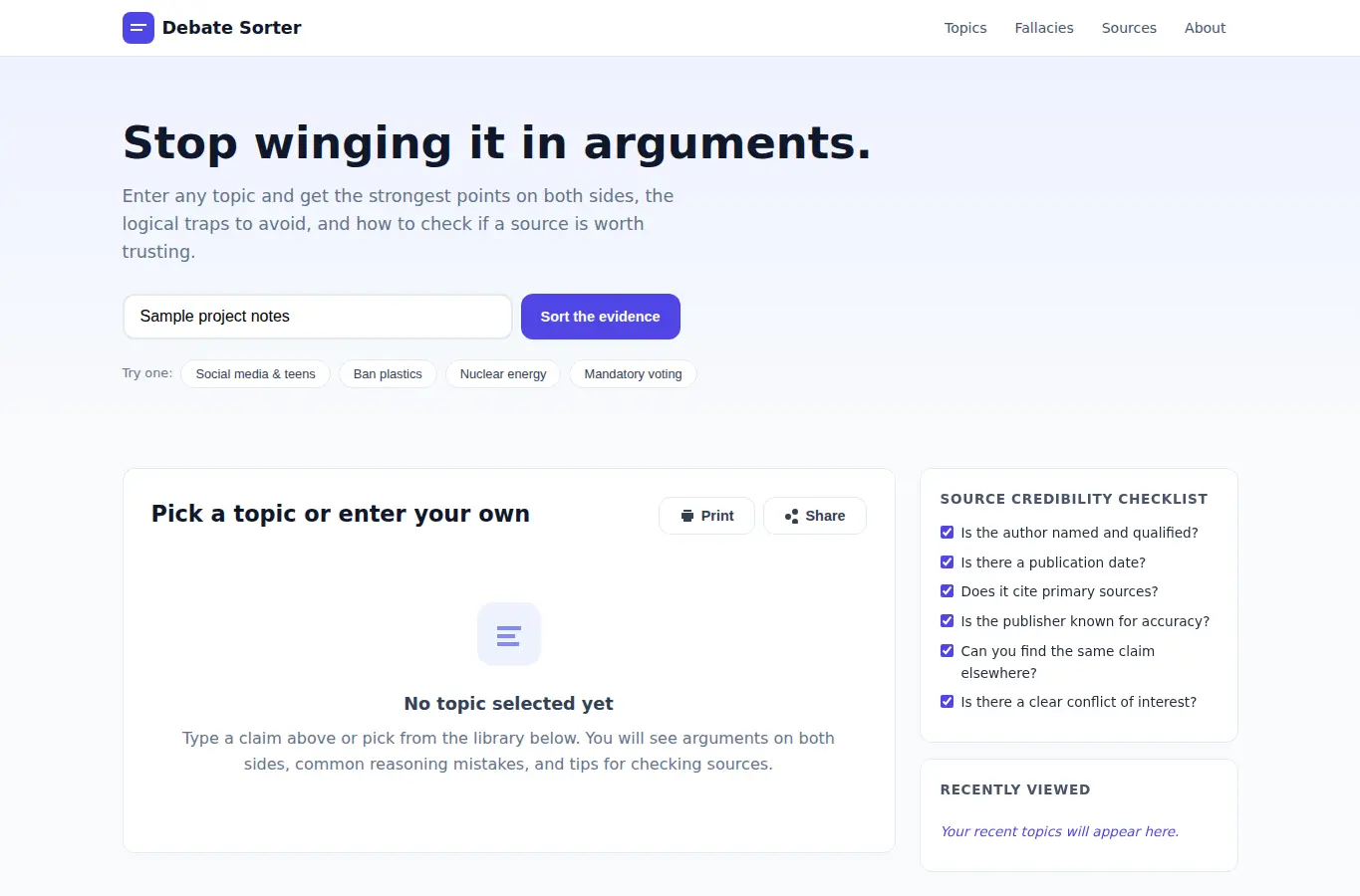 Screenshot of Debate Night Evidence Sorter interface showing the project page in use